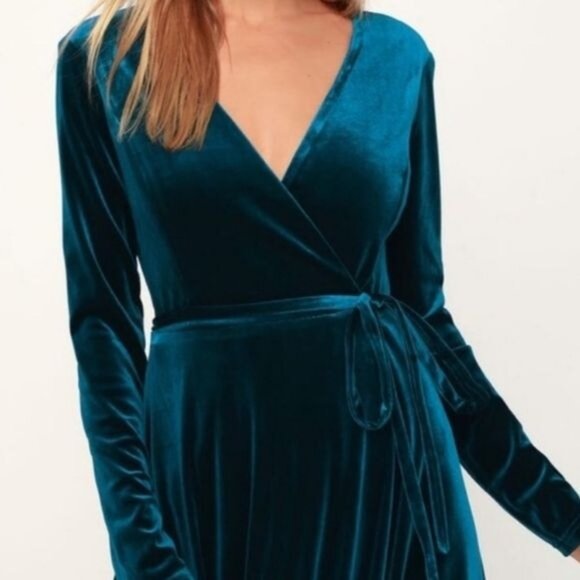 Lulus Jacinda Teal Velvet Wrap Maxi Dress M Whimsigoth Holiday Fairy Grunge - Picture 3 of 12